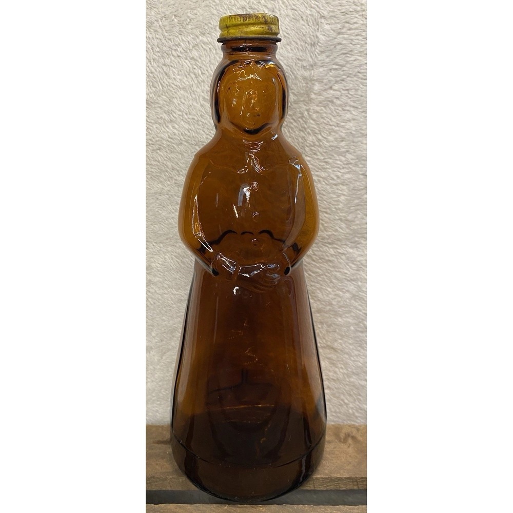 Vintage Syrup Bottle Mrs. Butterworth Amber Glass Metal Lid Kitchen Collectible